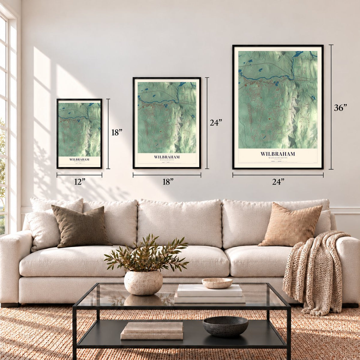 Wilbraham, Massachusetts map in 12 x 18, 18 x 24 and 24 x 36 inch sizes above a sofa