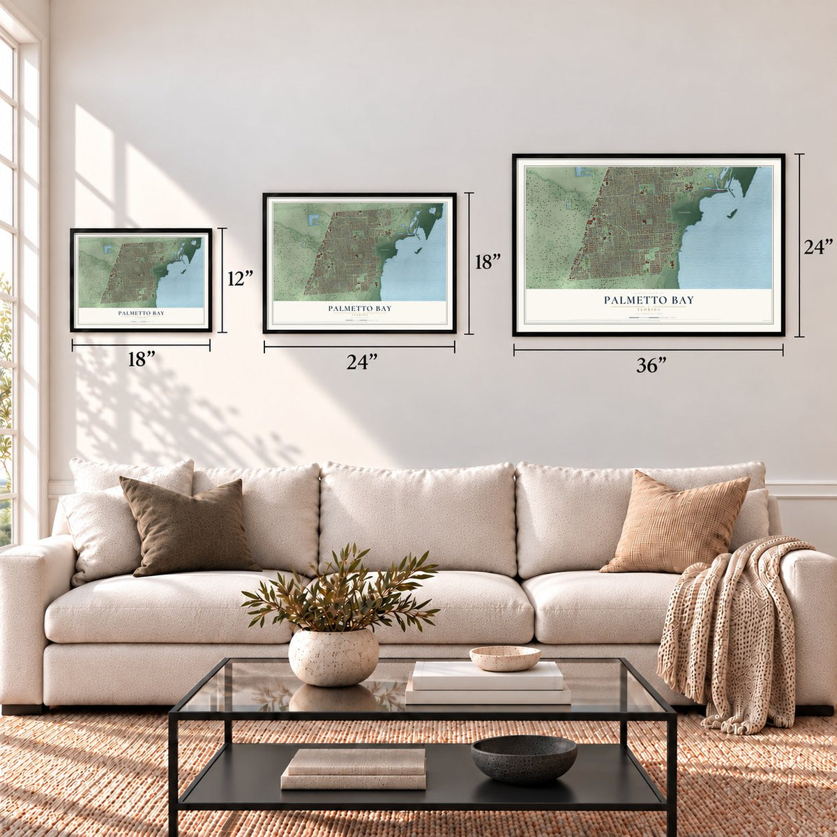 Palmetto Bay, Florida map in 12 x 18, 18 x 24 and 24 x 36 inch sizes above a sofa