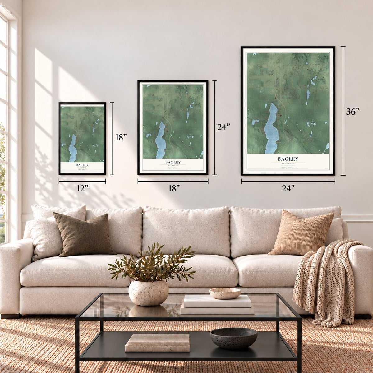 Bagley, Michigan map in 12 x 18, 18 x 24 and 24 x 36 inch sizes above a sofa