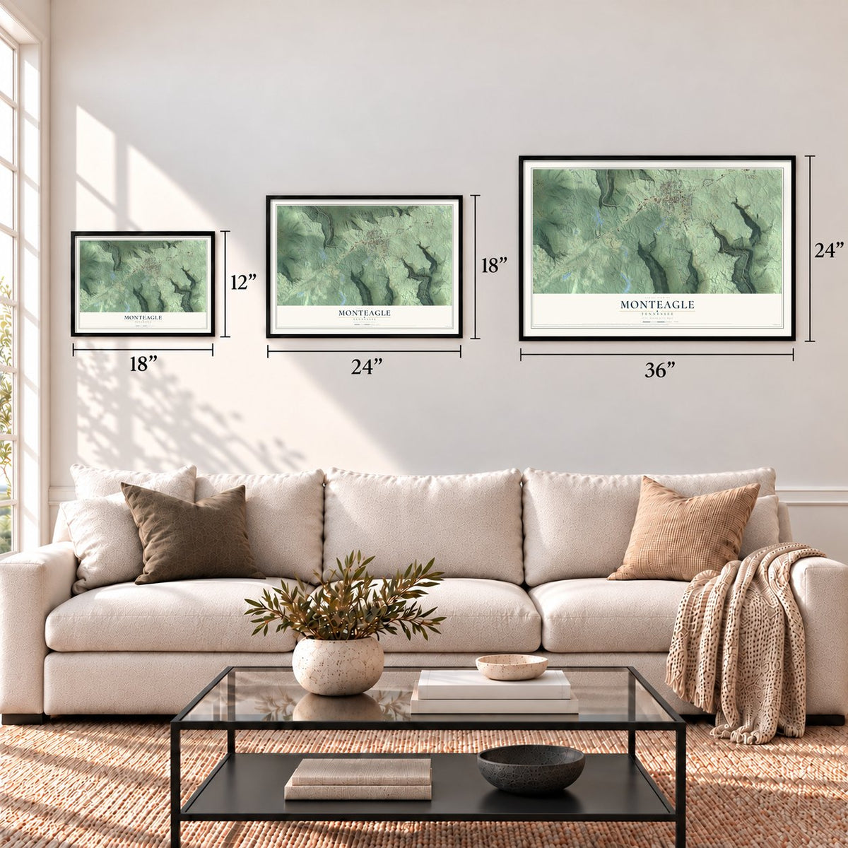 Monteagle, Tennessee map in 12 x 18, 18 x 24 and 24 x 36 inch sizes above a sofa