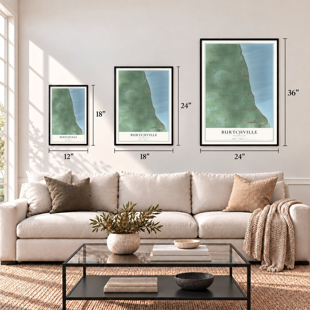 Burtchville, Michigan map in 12 x 18, 18 x 24 and 24 x 36 inch sizes above a sofa