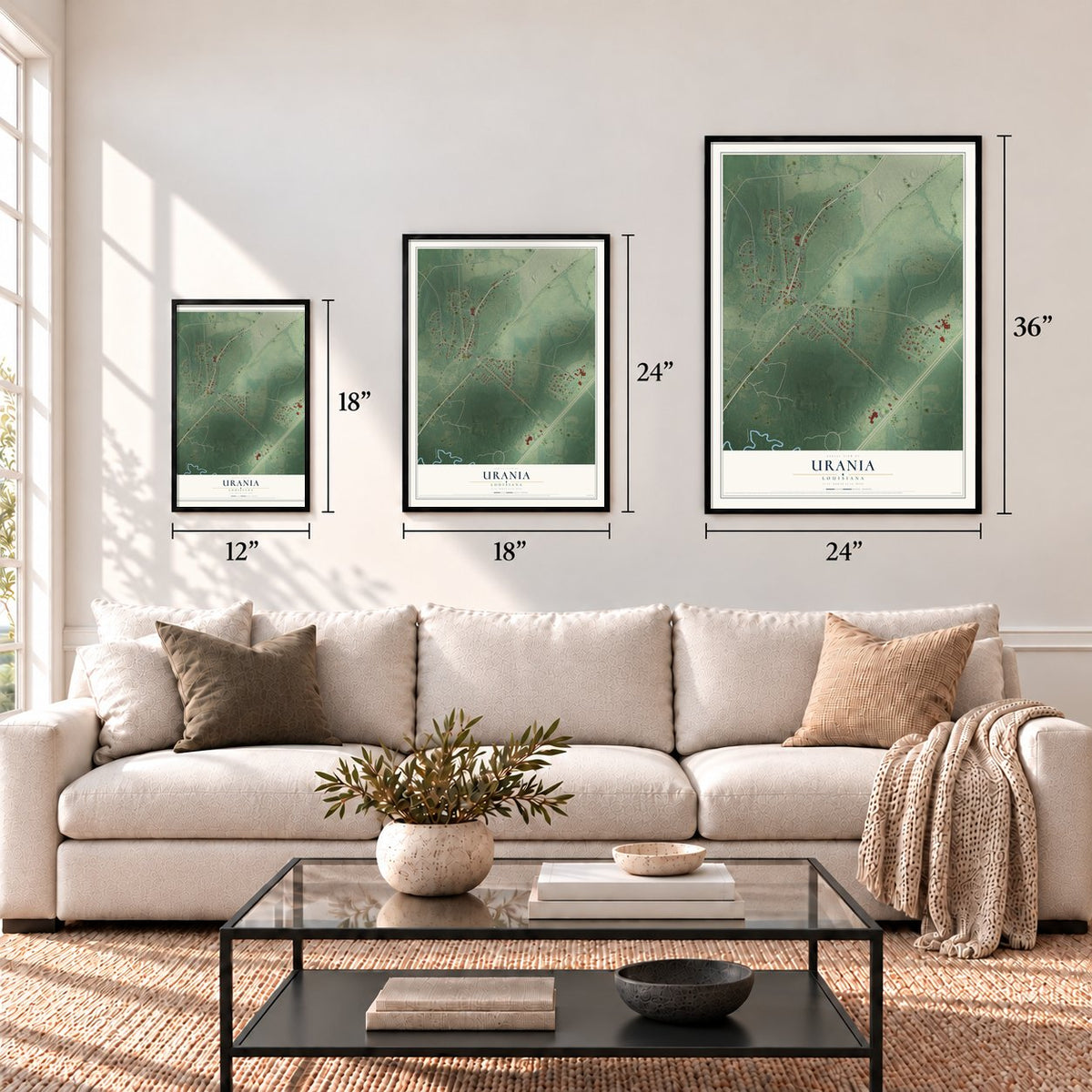 Urania, Louisiana map in 12 x 18, 18 x 24 and 24 x 36 inch sizes above a sofa
