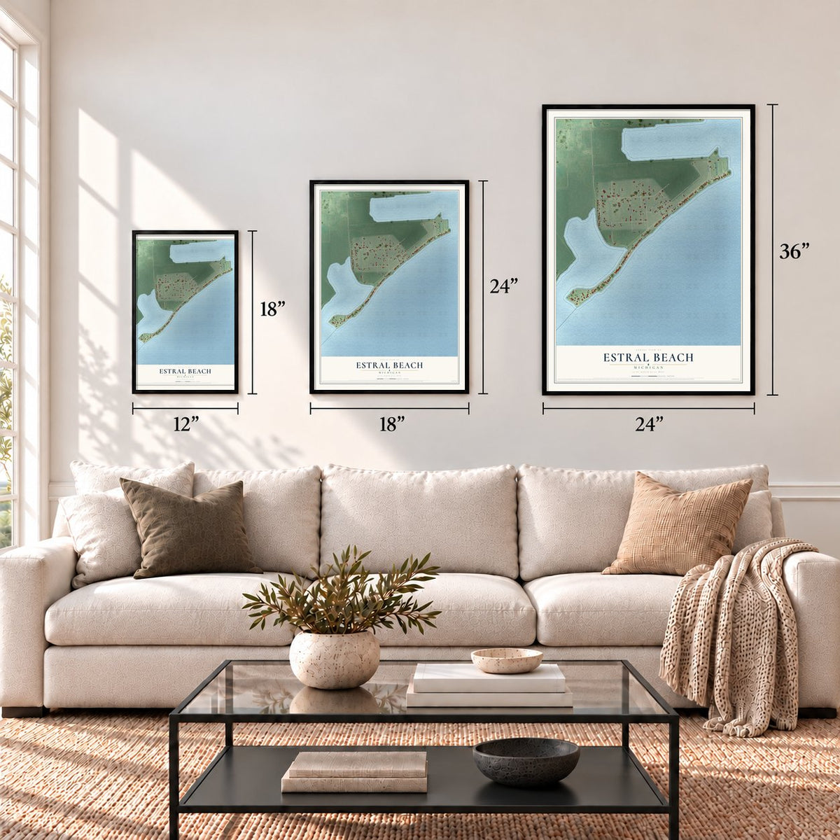 Estral Beach, Michigan map in 12 x 18, 18 x 24 and 24 x 36 inch sizes above a sofa