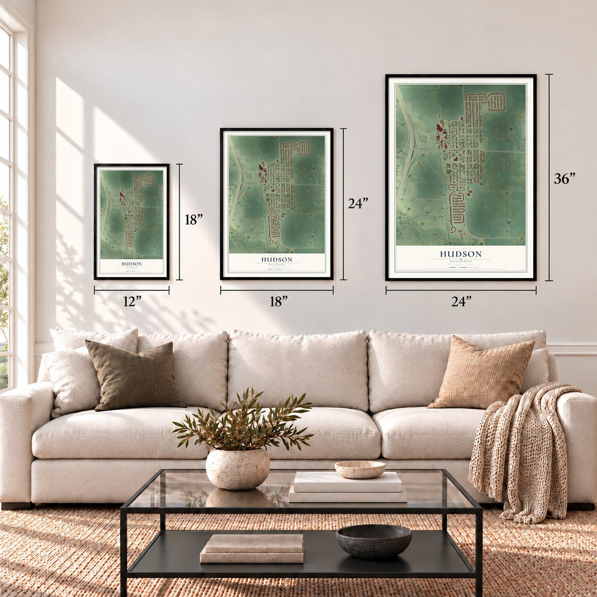 Hudson, Illinois map in 12 x 18, 18 x 24 and 24 x 36 inch sizes above a sofa