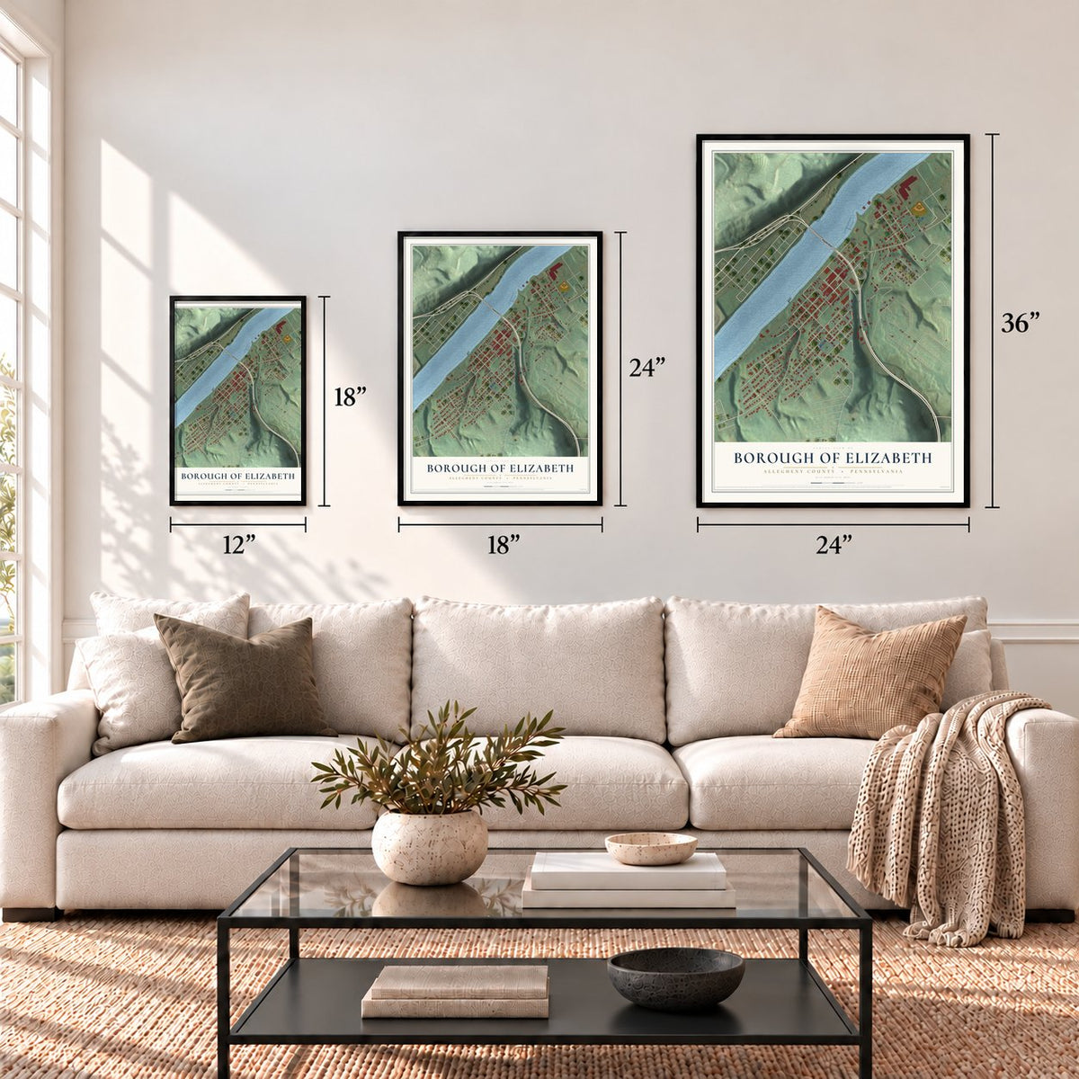 Borough of Elizabeth, Allegheny County, Pennsylvania map in 12 x 18, 18 x 24 and 24 x 36 inch sizes above a sofa
