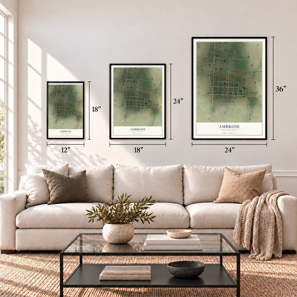 Ambrose, North Dakota map in 12 x 18, 18 x 24 and 24 x 36 inch sizes above a sofa