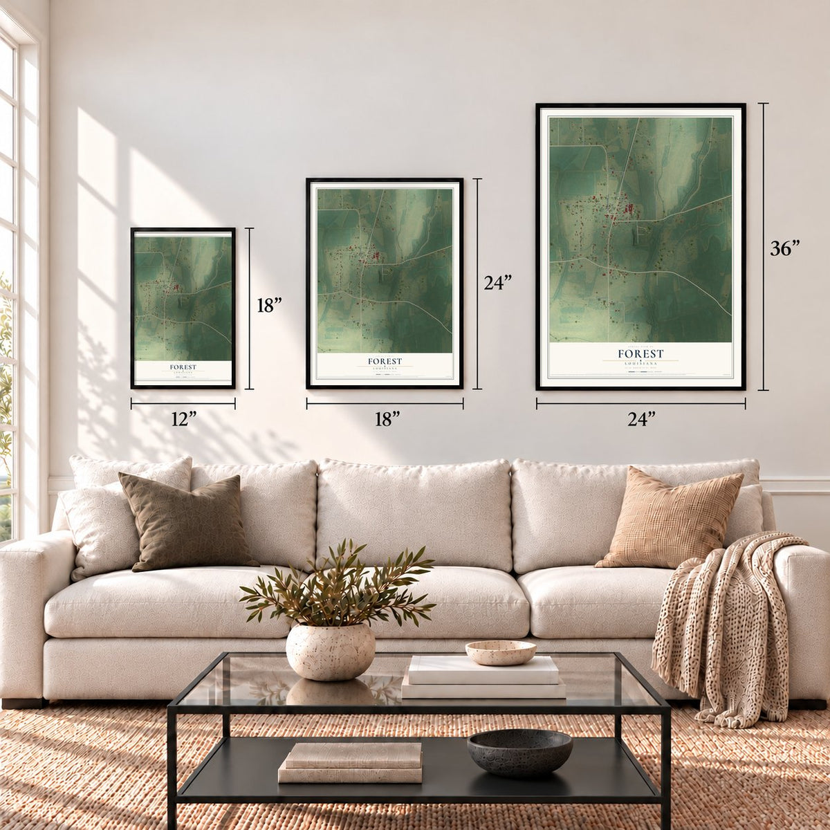 Forest, Louisiana map in 12 x 18, 18 x 24 and 24 x 36 inch sizes above a sofa