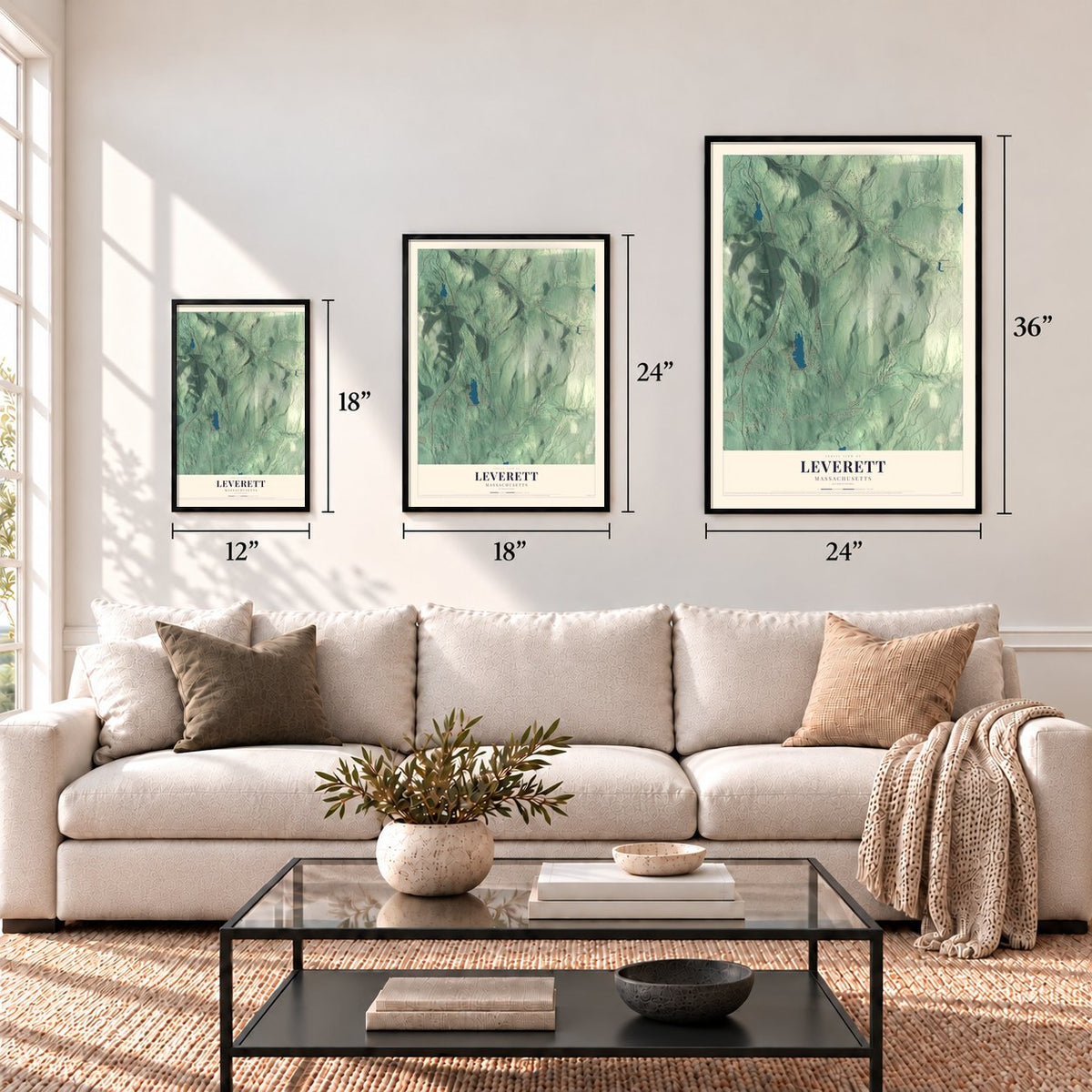 Leverett, Massachusetts map in 12 x 18, 18 x 24 and 24 x 36 inch sizes above a sofa