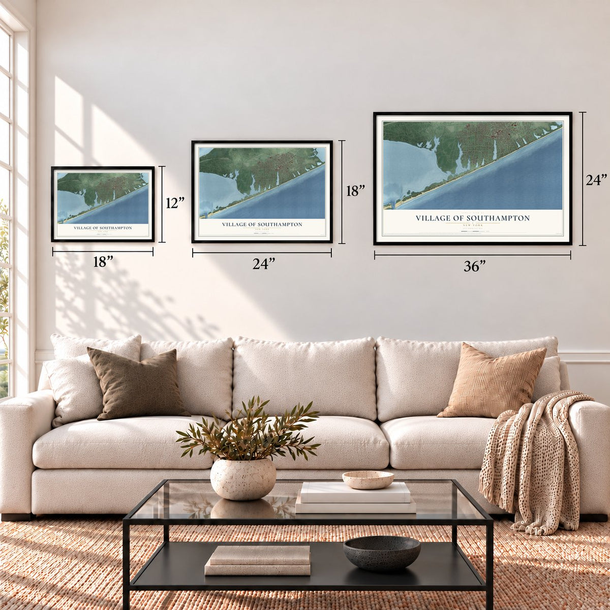 Village of Southampton, New York map in 12 x 18, 18 x 24 and 24 x 36 inch sizes above a sofa