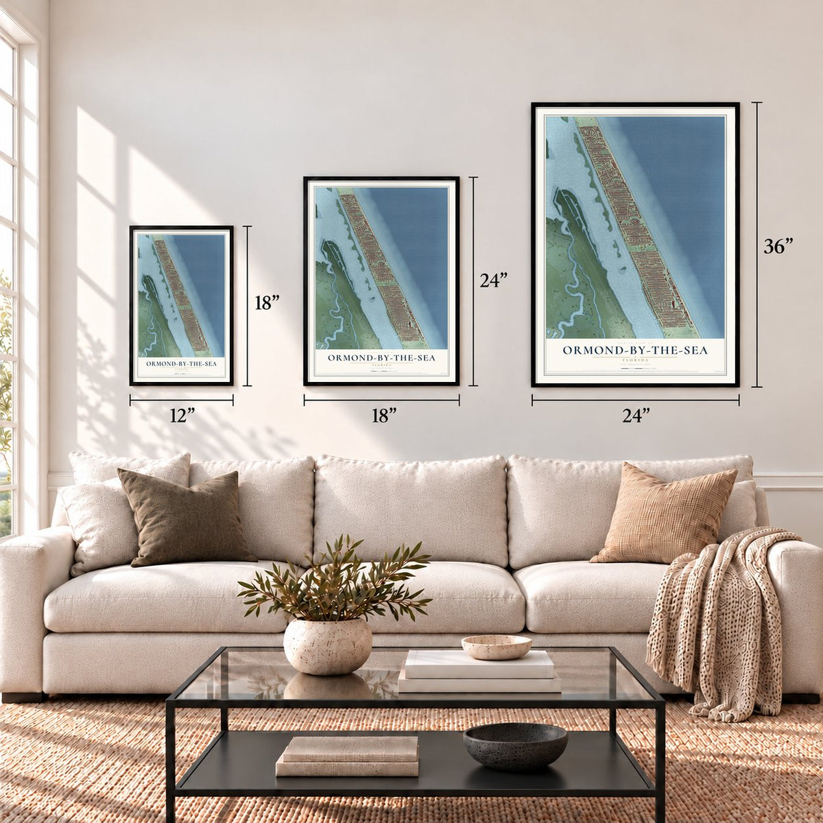 Ormond-by-the-Sea, Florida map in 12 x 18, 18 x 24 and 24 x 36 inch sizes above a sofa