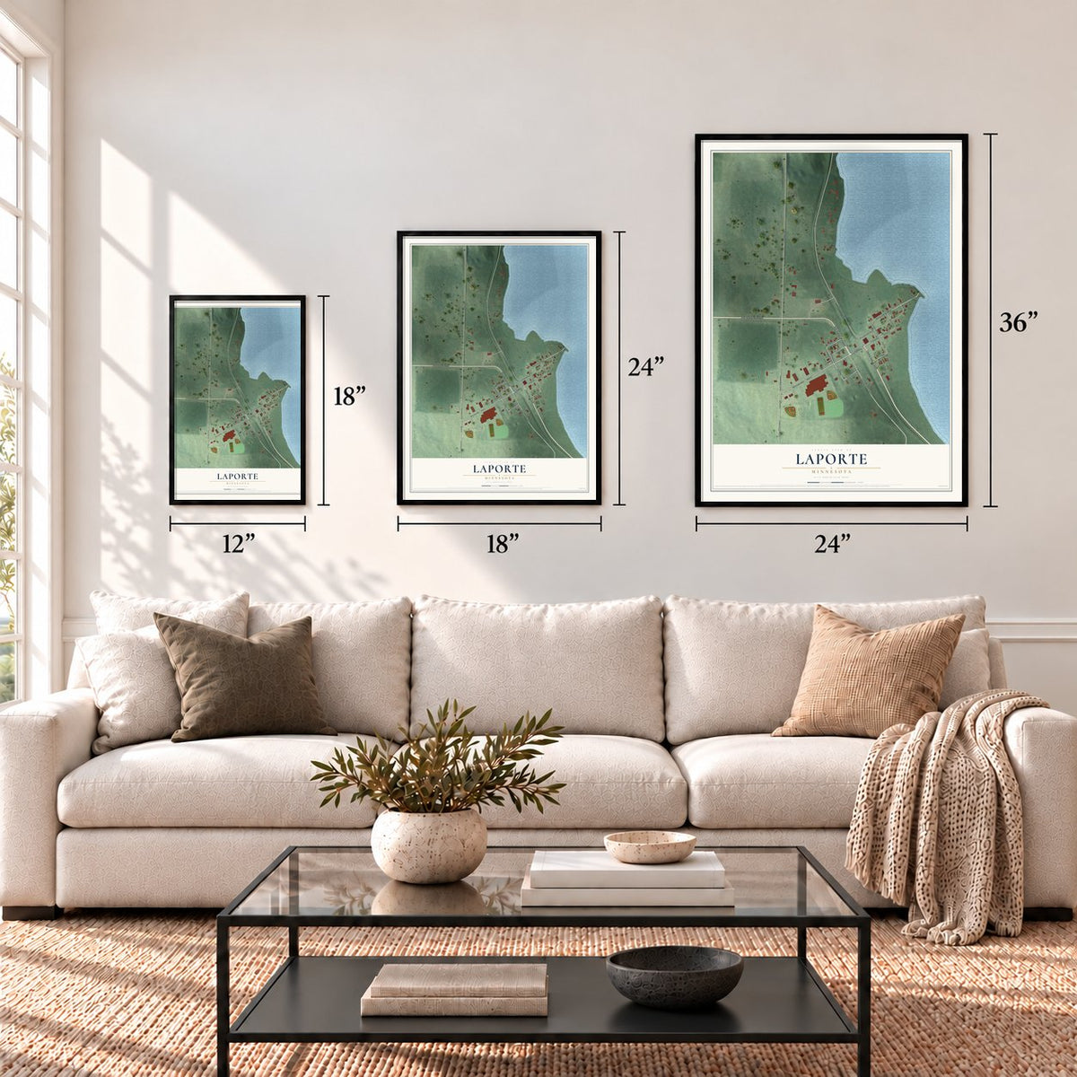 Laporte, Minnesota map in 12 x 18, 18 x 24 and 24 x 36 inch sizes above a sofa