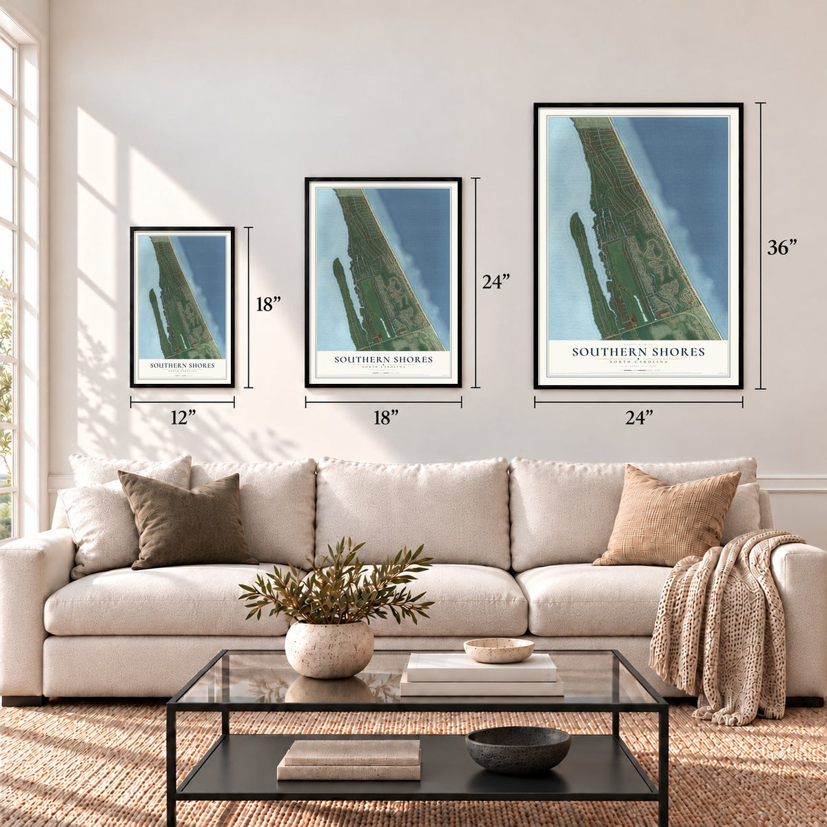 Southern Shores, North Carolina map in 12 x 18, 18 x 24 and 24 x 36 inch sizes above a sofa
