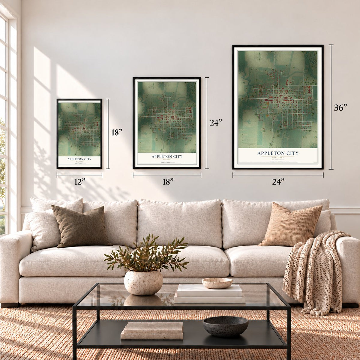 Appleton City, Missouri map in 12 x 18, 18 x 24 and 24 x 36 inch sizes above a sofa