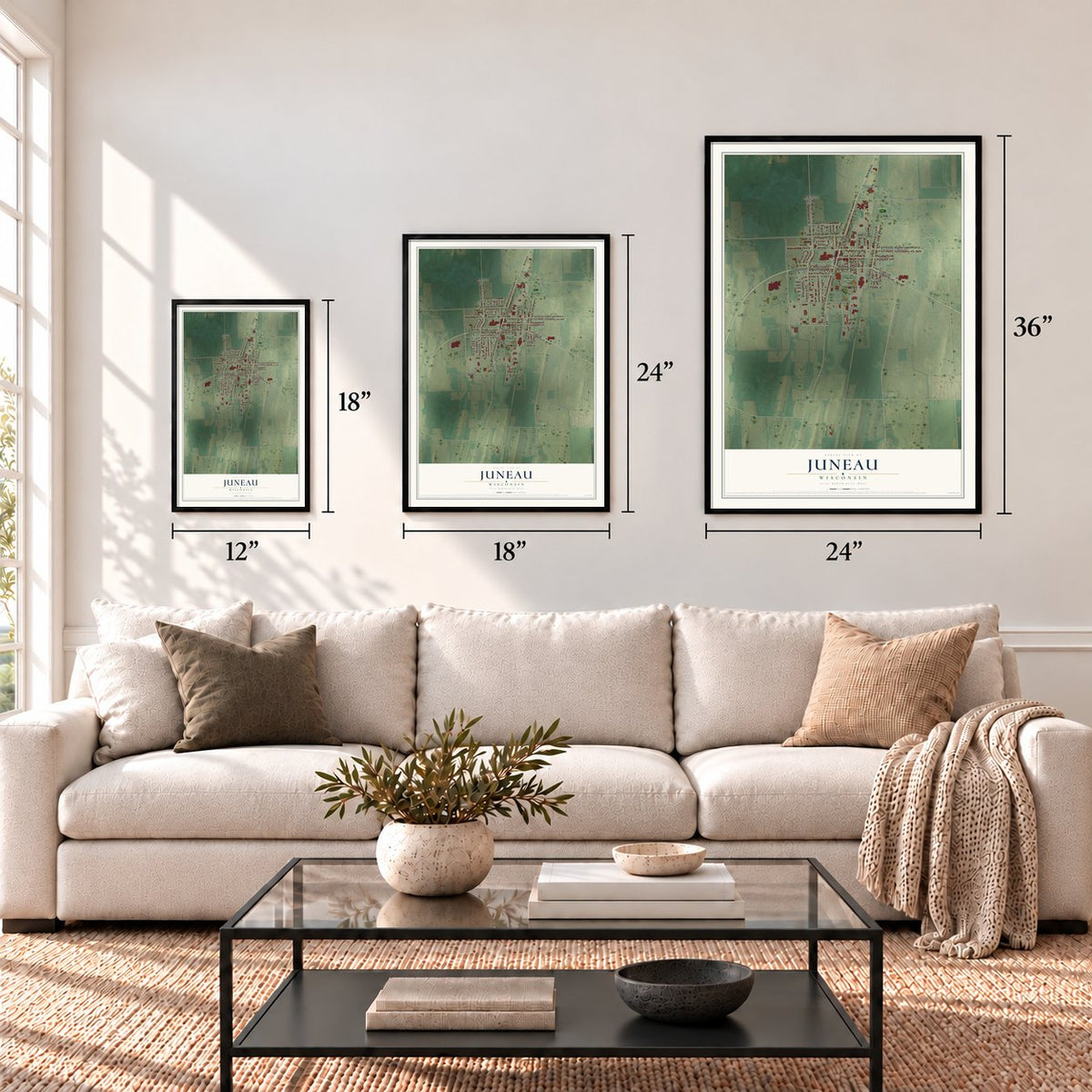 Juneau, Wisconsin map in 12 x 18, 18 x 24 and 24 x 36 inch sizes above a sofa