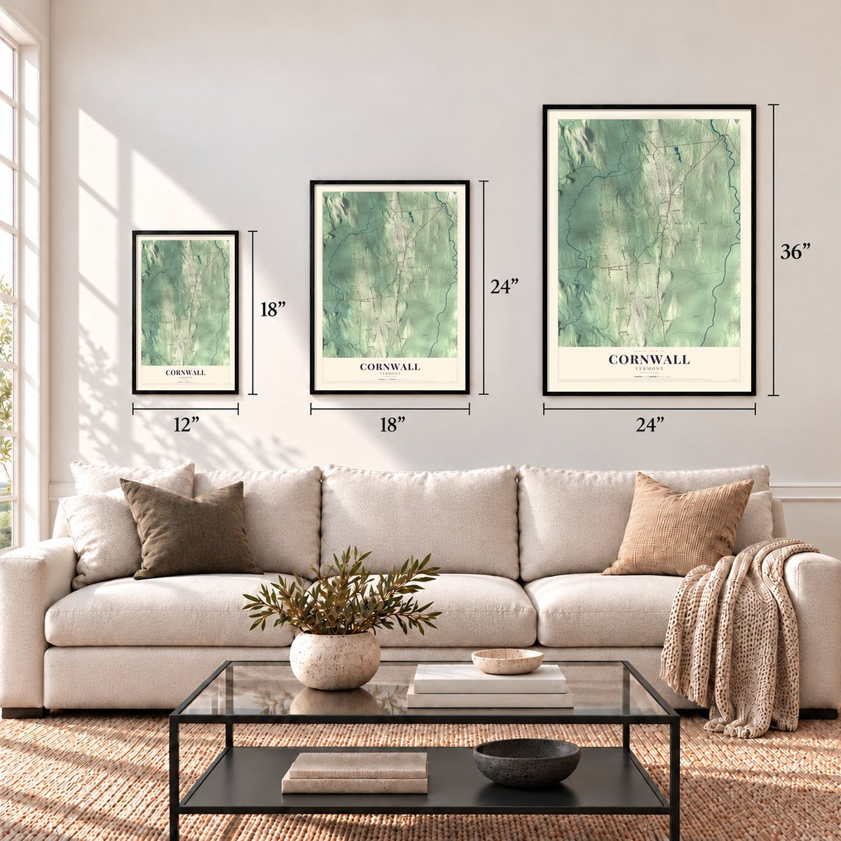 Cornwall, Vermont map in 12 x 18, 18 x 24 and 24 x 36 inch sizes above a sofa