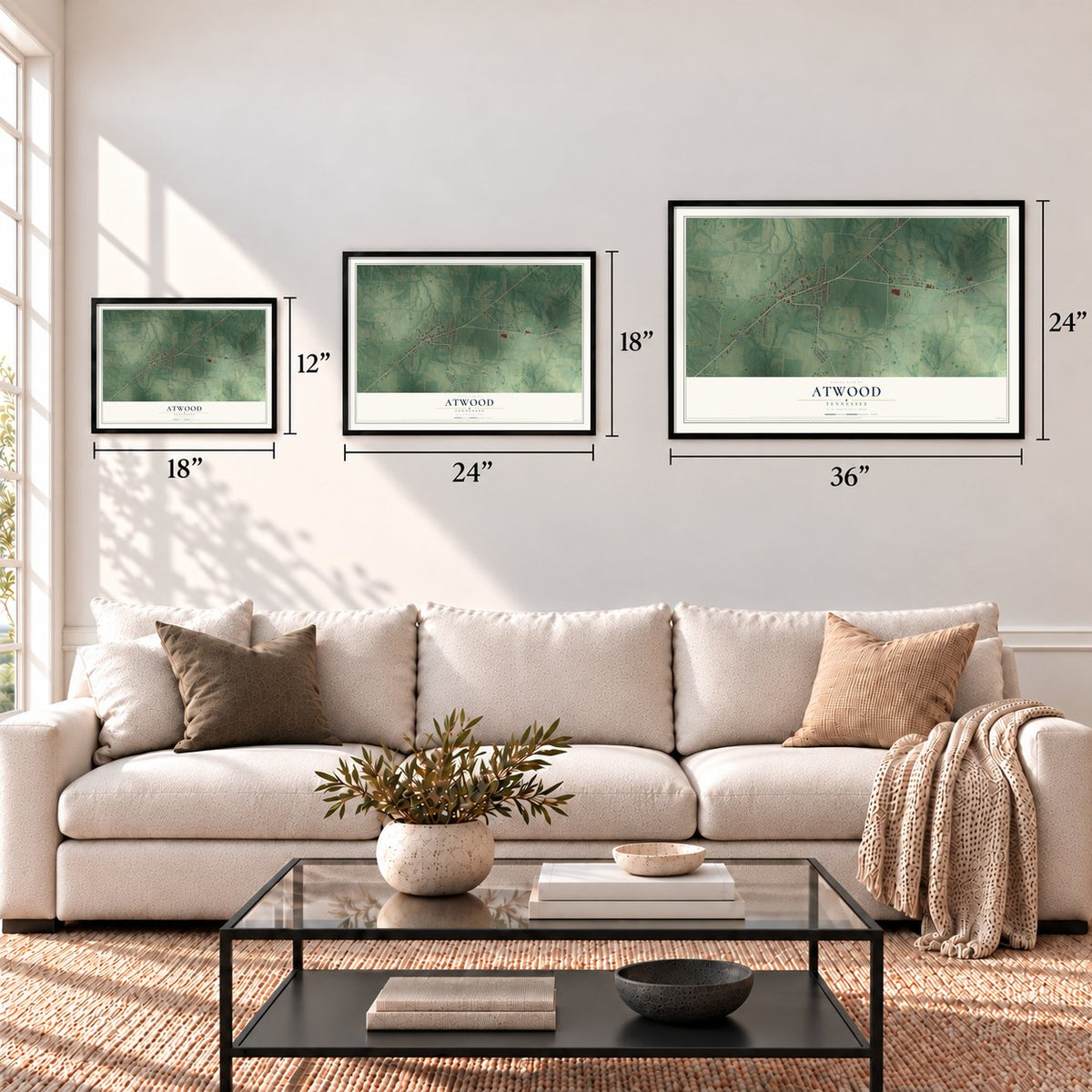 Atwood, Tennessee map in 12 x 18, 18 x 24 and 24 x 36 inch sizes above a sofa