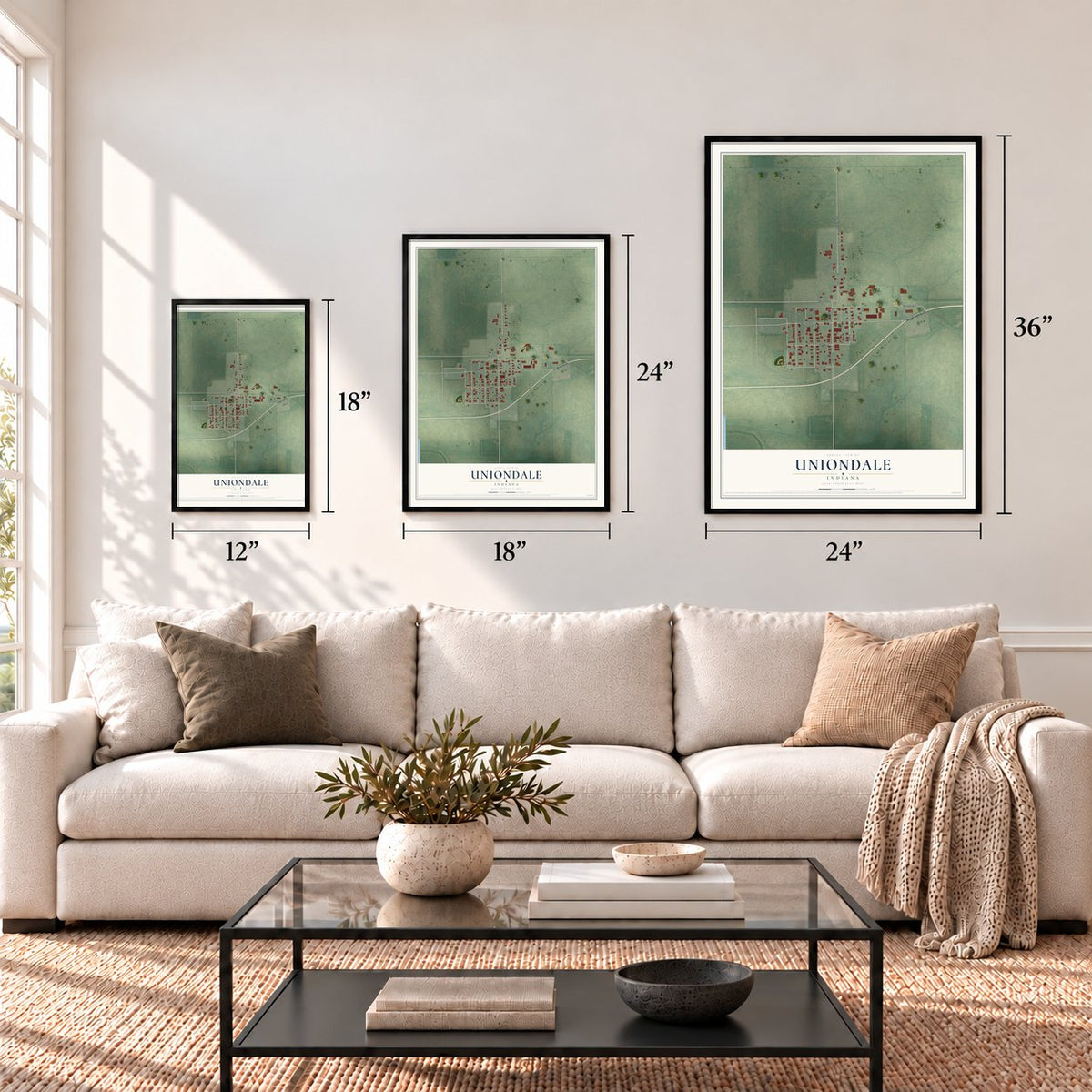 Uniondale, Indiana map in 12 x 18, 18 x 24 and 24 x 36 inch sizes above a sofa