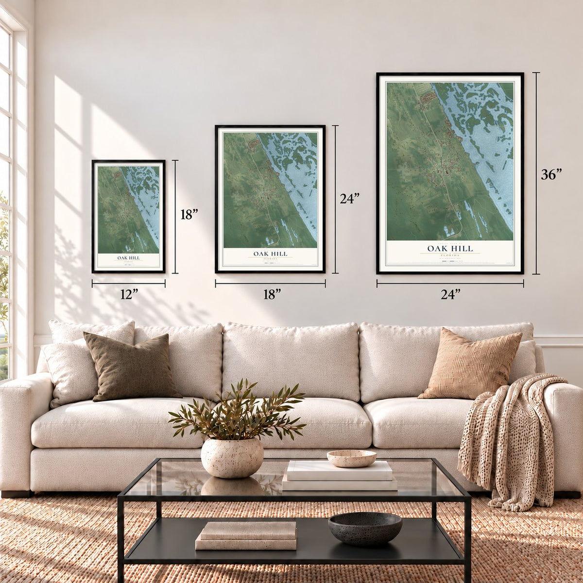 Oak Hill, Florida map in 12 x 18, 18 x 24 and 24 x 36 inch sizes above a sofa