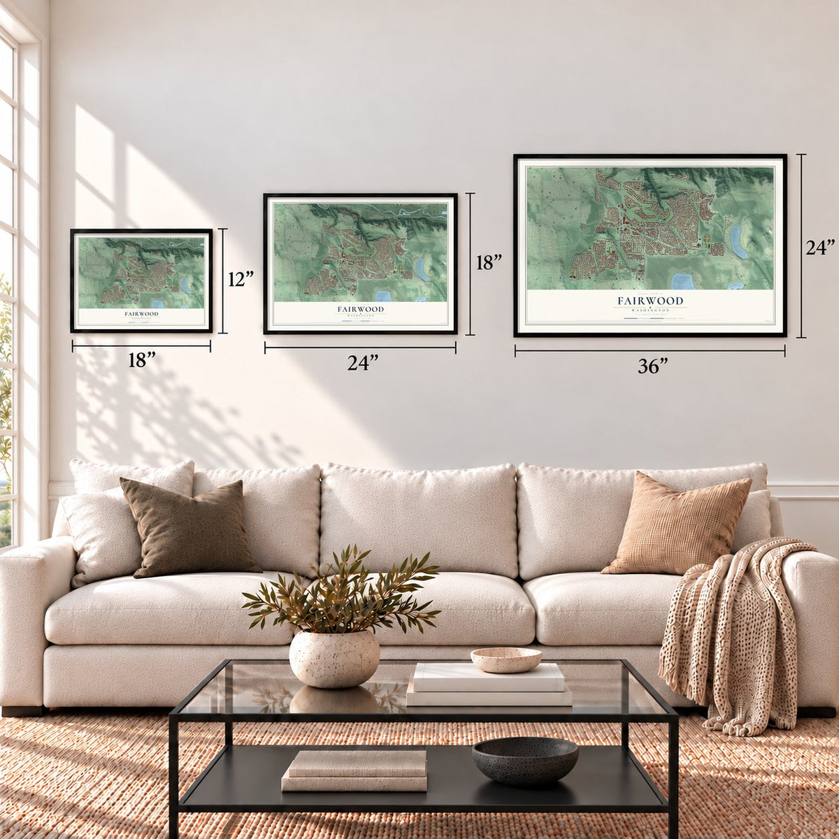 Fairwood, Washington map in 12 x 18, 18 x 24 and 24 x 36 inch sizes above a sofa