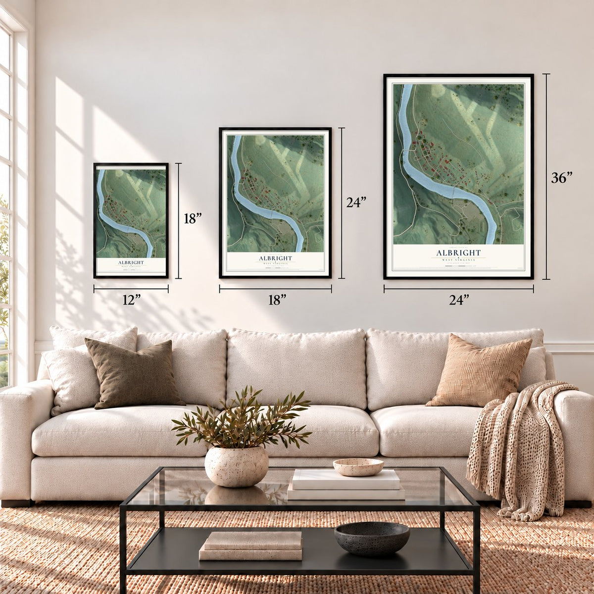 Albright, West Virginia map in 12 x 18, 18 x 24 and 24 x 36 inch sizes above a sofa
