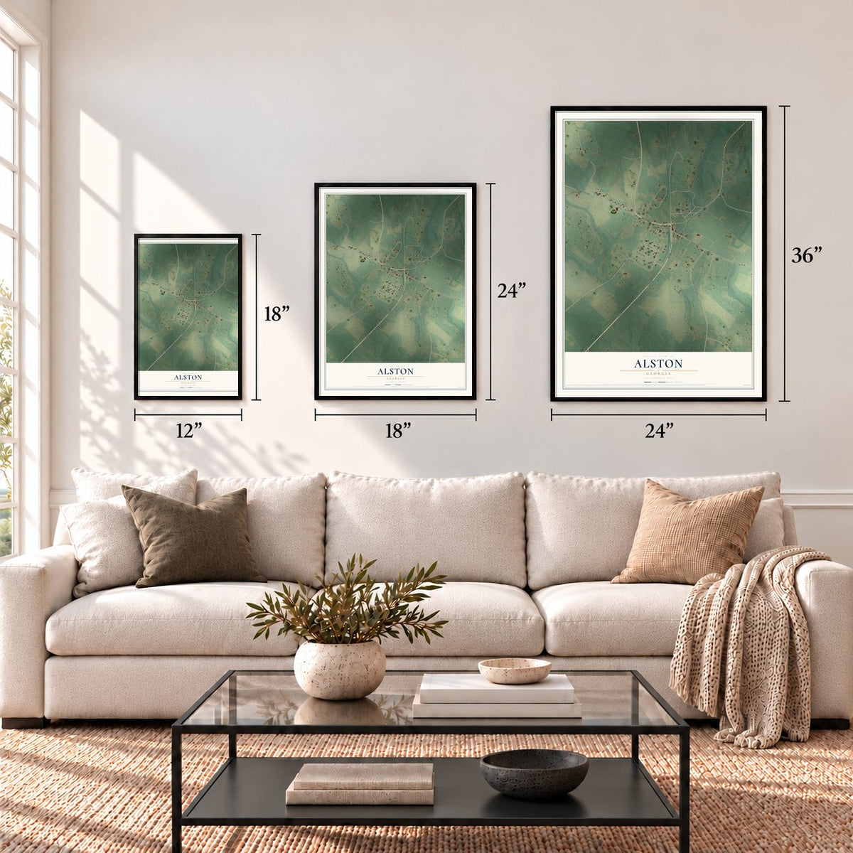 Alston, Georgia map in 12 x 18, 18 x 24 and 24 x 36 inch sizes above a sofa