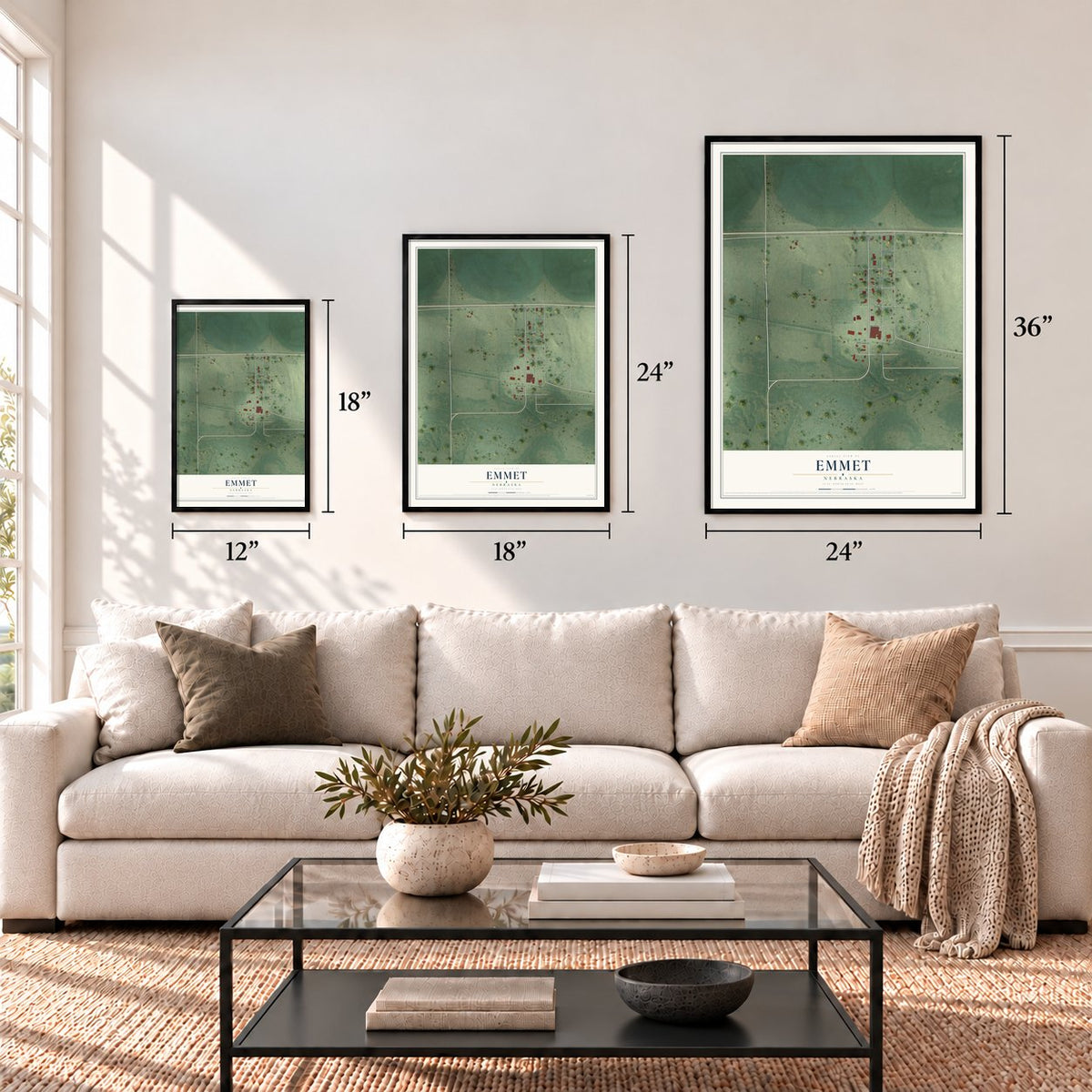 Emmet, Nebraska map in 12 x 18, 18 x 24 and 24 x 36 inch sizes above a sofa