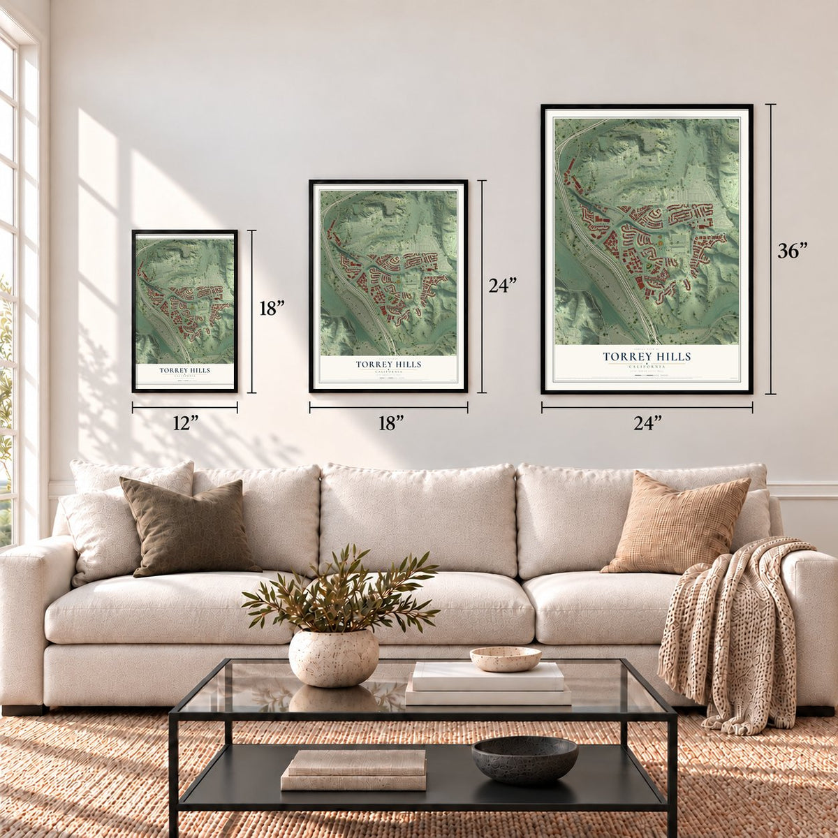 Torrey Hills, California map in 12 x 18, 18 x 24 and 24 x 36 inch sizes above a sofa