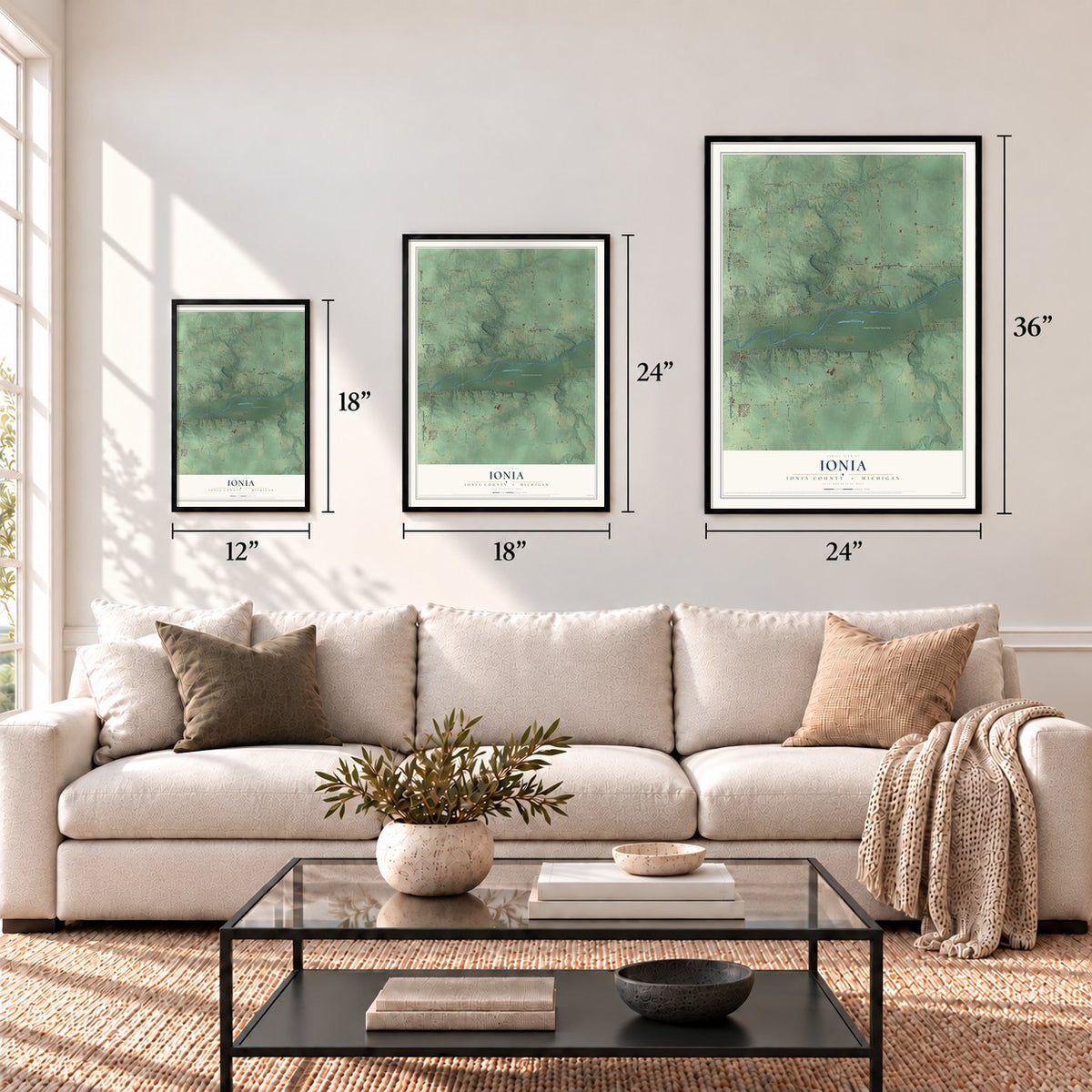 Ionia, Ionia County, Michigan map in 12 x 18, 18 x 24 and 24 x 36 inch sizes above a sofa