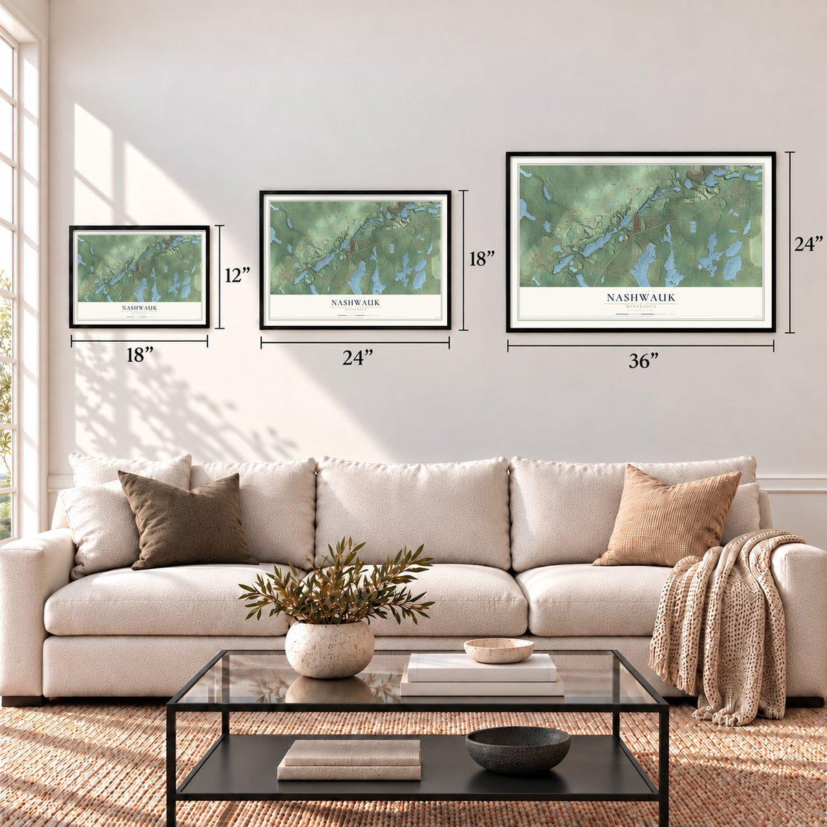 Nashwauk, Minnesota map in 12 x 18, 18 x 24 and 24 x 36 inch sizes above a sofa