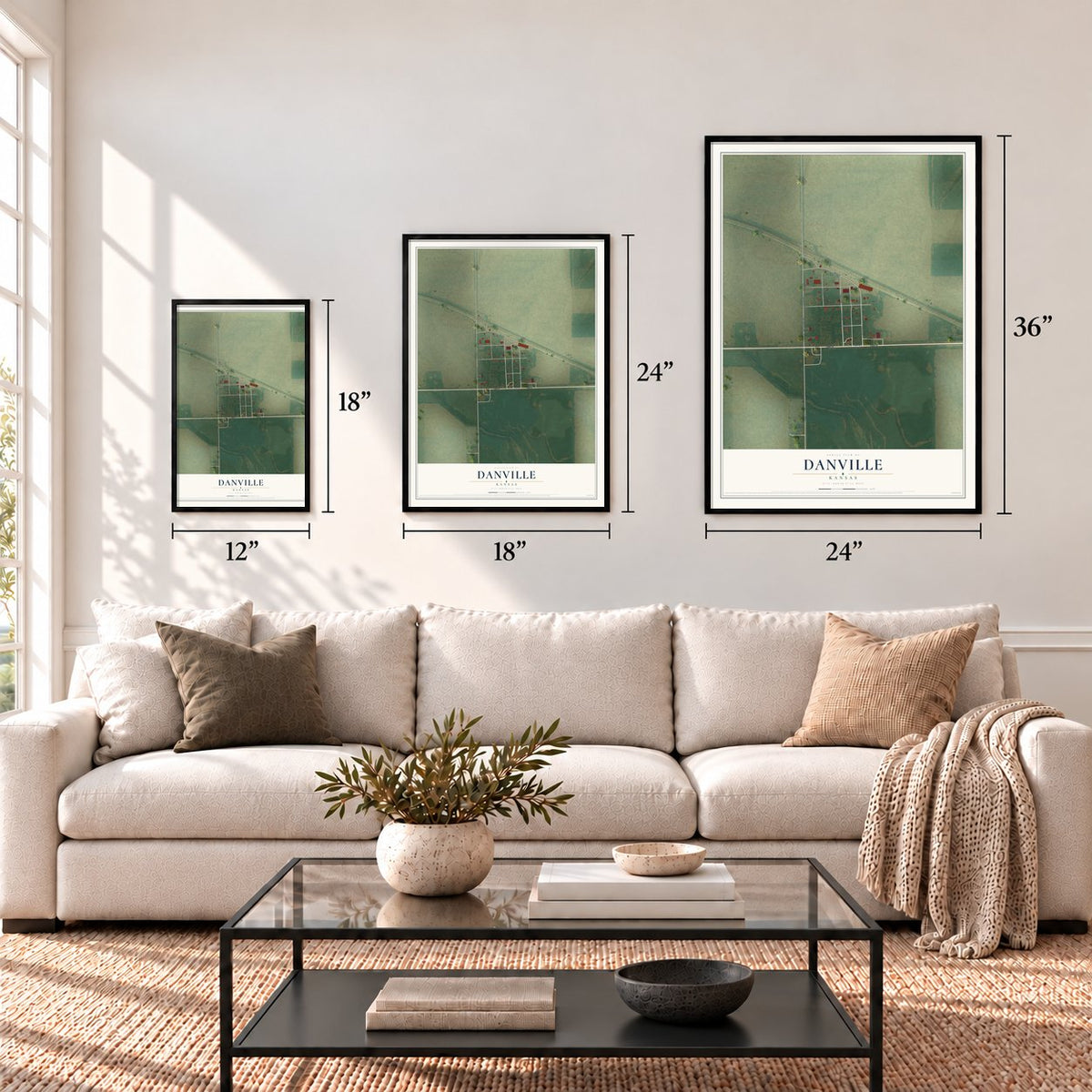 Danville, Kansas map in 12 x 18, 18 x 24 and 24 x 36 inch sizes above a sofa