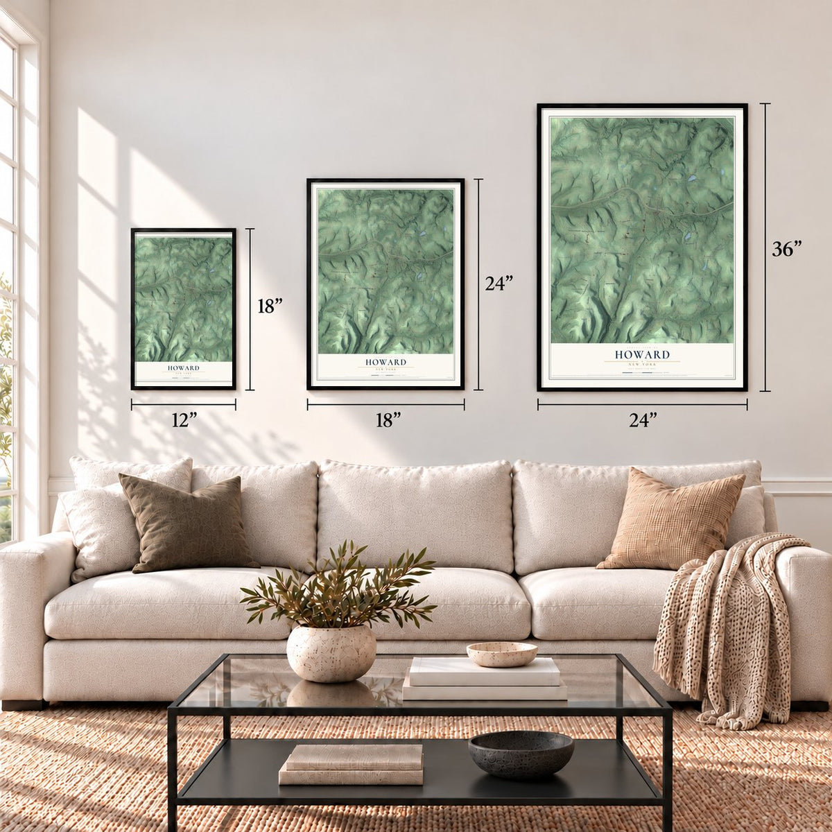 Howard, New York map in 12 x 18, 18 x 24 and 24 x 36 inch sizes above a sofa