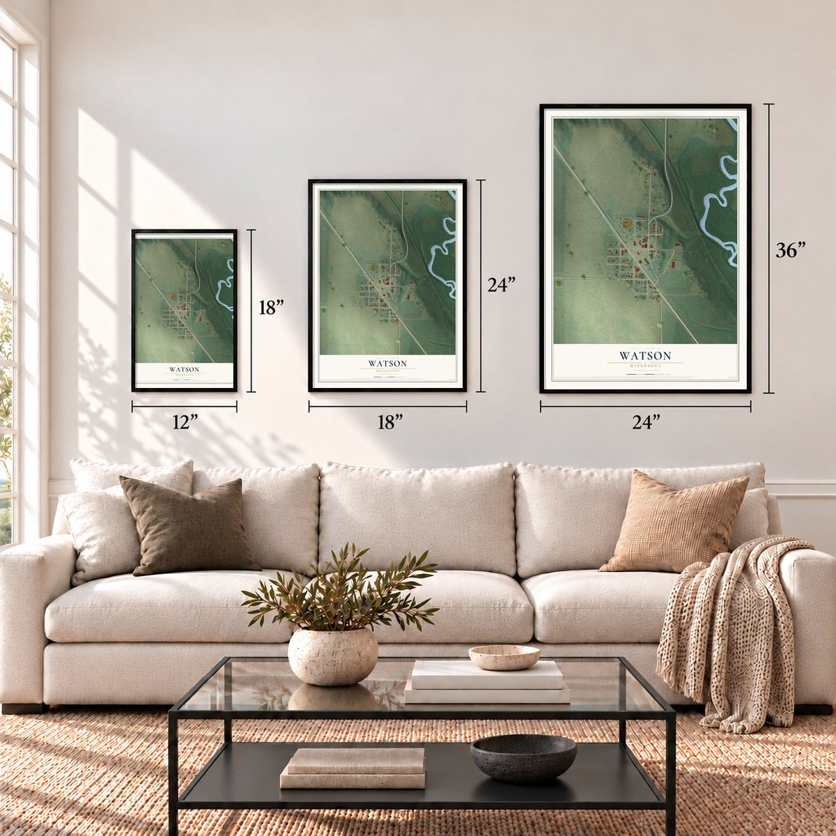 Watson, Minnesota map in 12 x 18, 18 x 24 and 24 x 36 inch sizes above a sofa