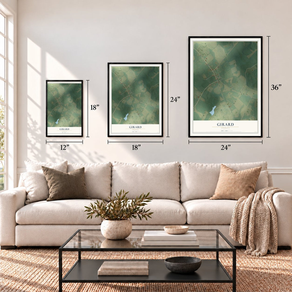 Girard, Georgia map in 12 x 18, 18 x 24 and 24 x 36 inch sizes above a sofa