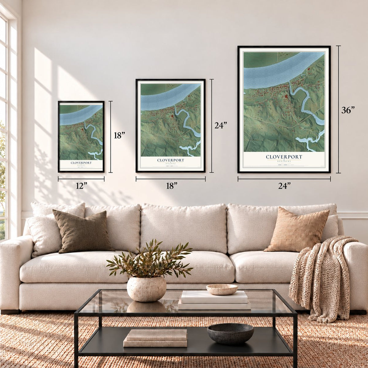 Cloverport, Kentucky map in 12 x 18, 18 x 24 and 24 x 36 inch sizes above a sofa