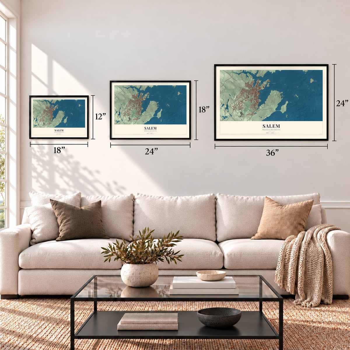 Salem, Massachusetts map in 12 x 18, 18 x 24 and 24 x 36 inch sizes above a sofa