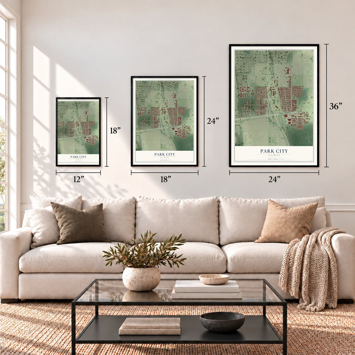 Park City, Illinois map in 12 x 18, 18 x 24 and 24 x 36 inch sizes above a sofa