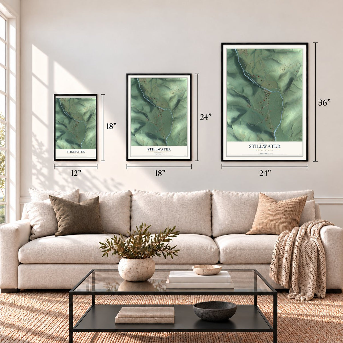 Stillwater, Pennsylvania map in 12 x 18, 18 x 24 and 24 x 36 inch sizes above a sofa