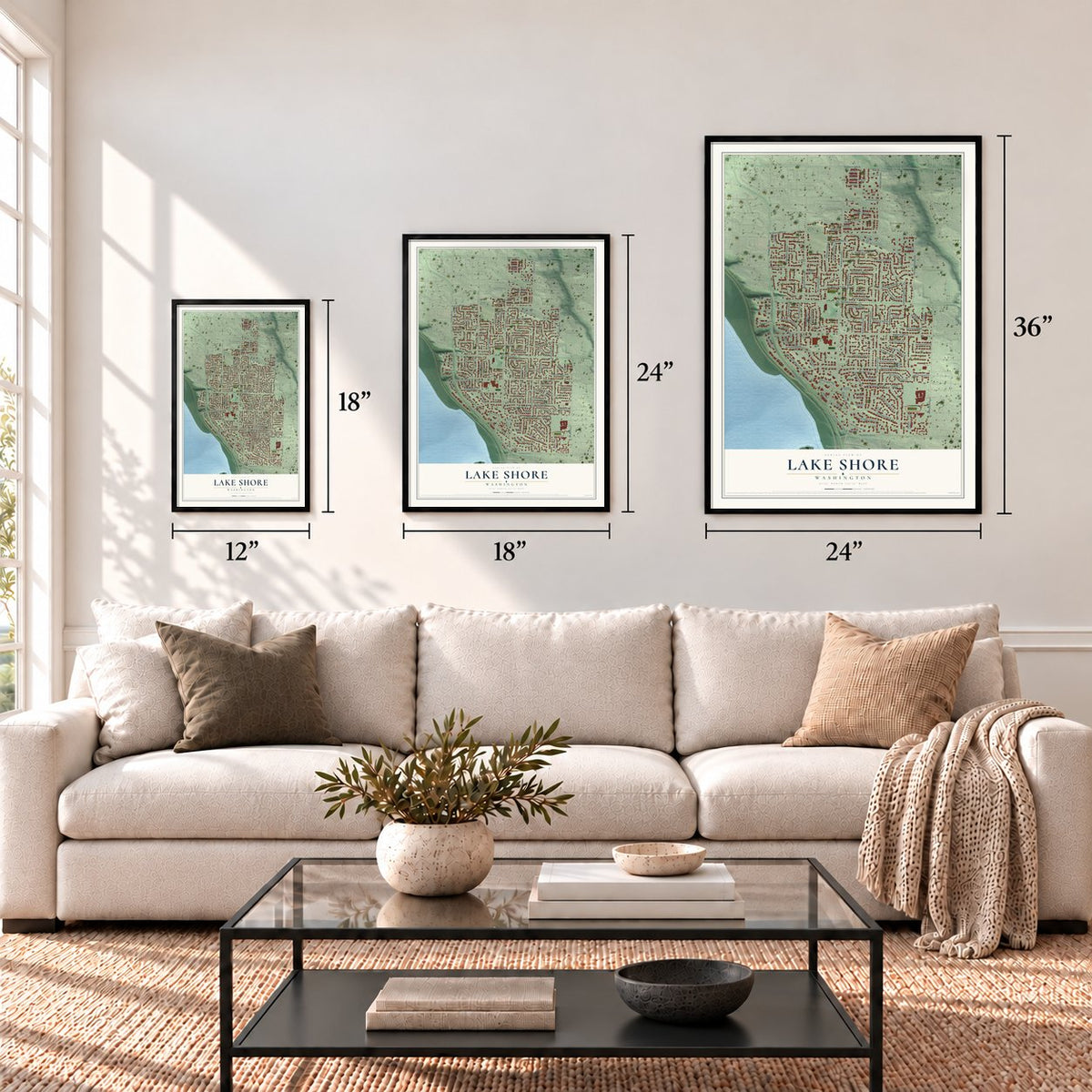 Lake Shore, Washington map in 12 x 18, 18 x 24 and 24 x 36 inch sizes above a sofa