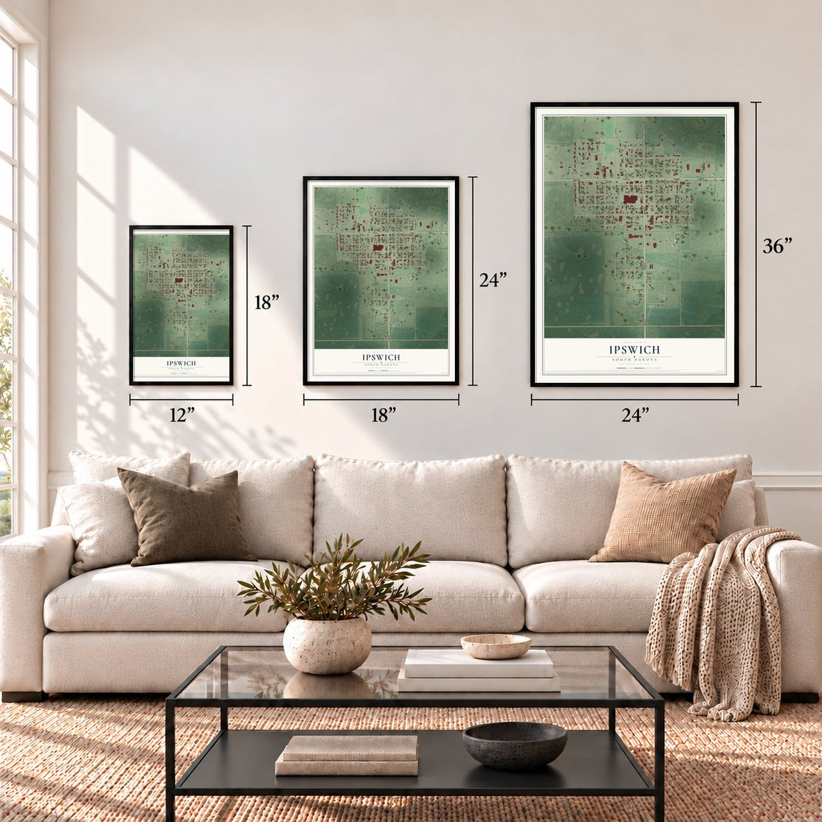 Ipswich, South Dakota map in 12 x 18, 18 x 24 and 24 x 36 inch sizes above a sofa