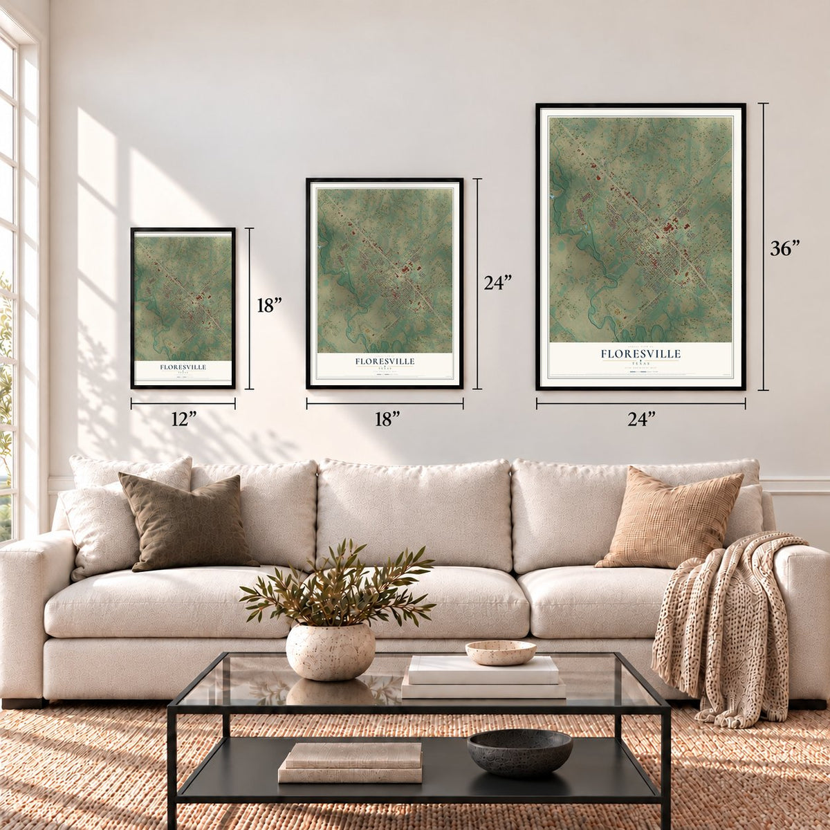 Floresville, Texas map in 12 x 18, 18 x 24 and 24 x 36 inch sizes above a sofa
