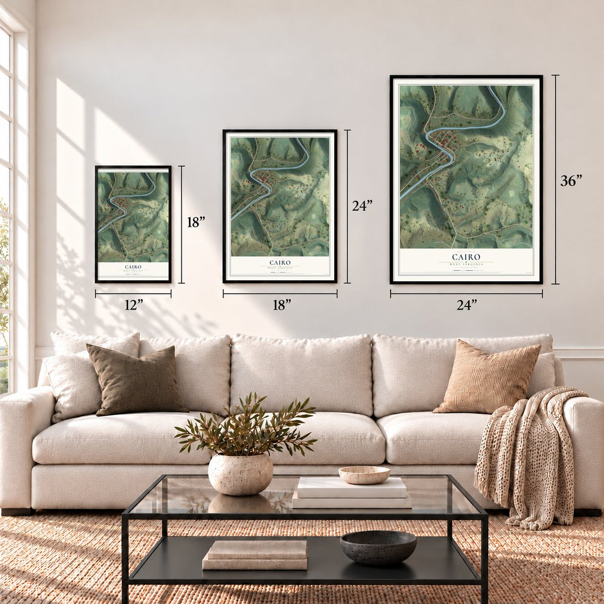 Cairo, West Virginia map in 12 x 18, 18 x 24 and 24 x 36 inch sizes above a sofa