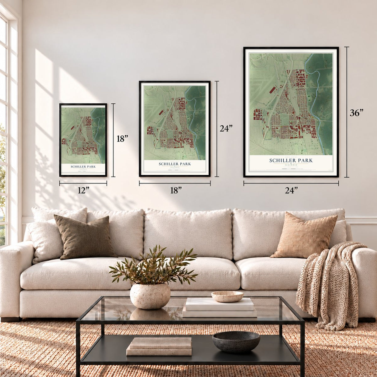 Schiller Park, Illinois map in 12 x 18, 18 x 24 and 24 x 36 inch sizes above a sofa