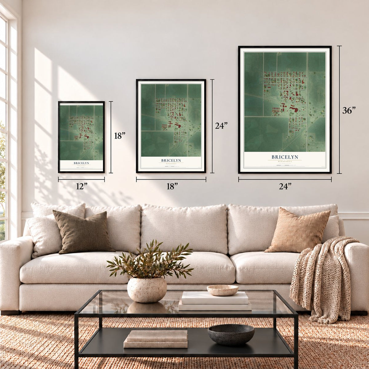 Bricelyn, Minnesota map in 12 x 18, 18 x 24 and 24 x 36 inch sizes above a sofa