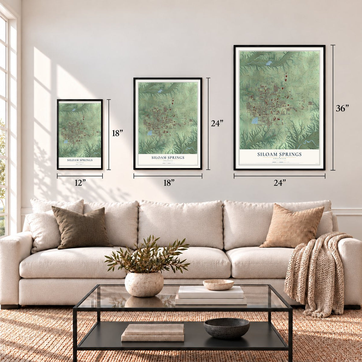 Siloam Springs, Arkansas map in 12 x 18, 18 x 24 and 24 x 36 inch sizes above a sofa