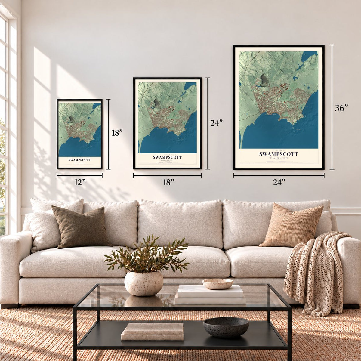 Swampscott, Massachusetts map in 12 x 18, 18 x 24 and 24 x 36 inch sizes above a sofa