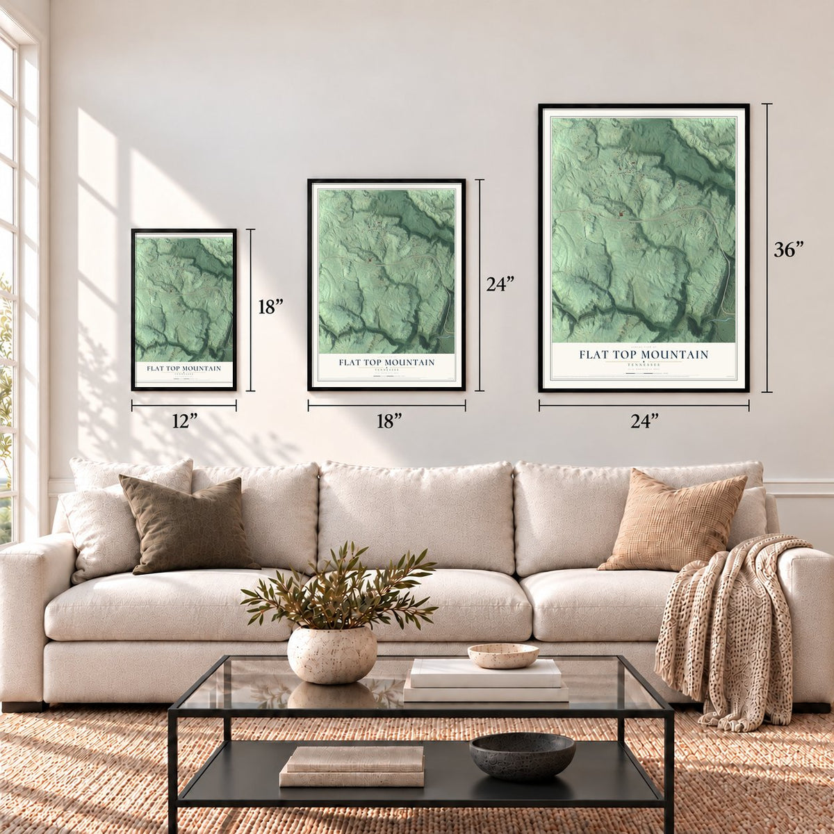 Flat Top Mountain, Tennessee map in 12 x 18, 18 x 24 and 24 x 36 inch sizes above a sofa