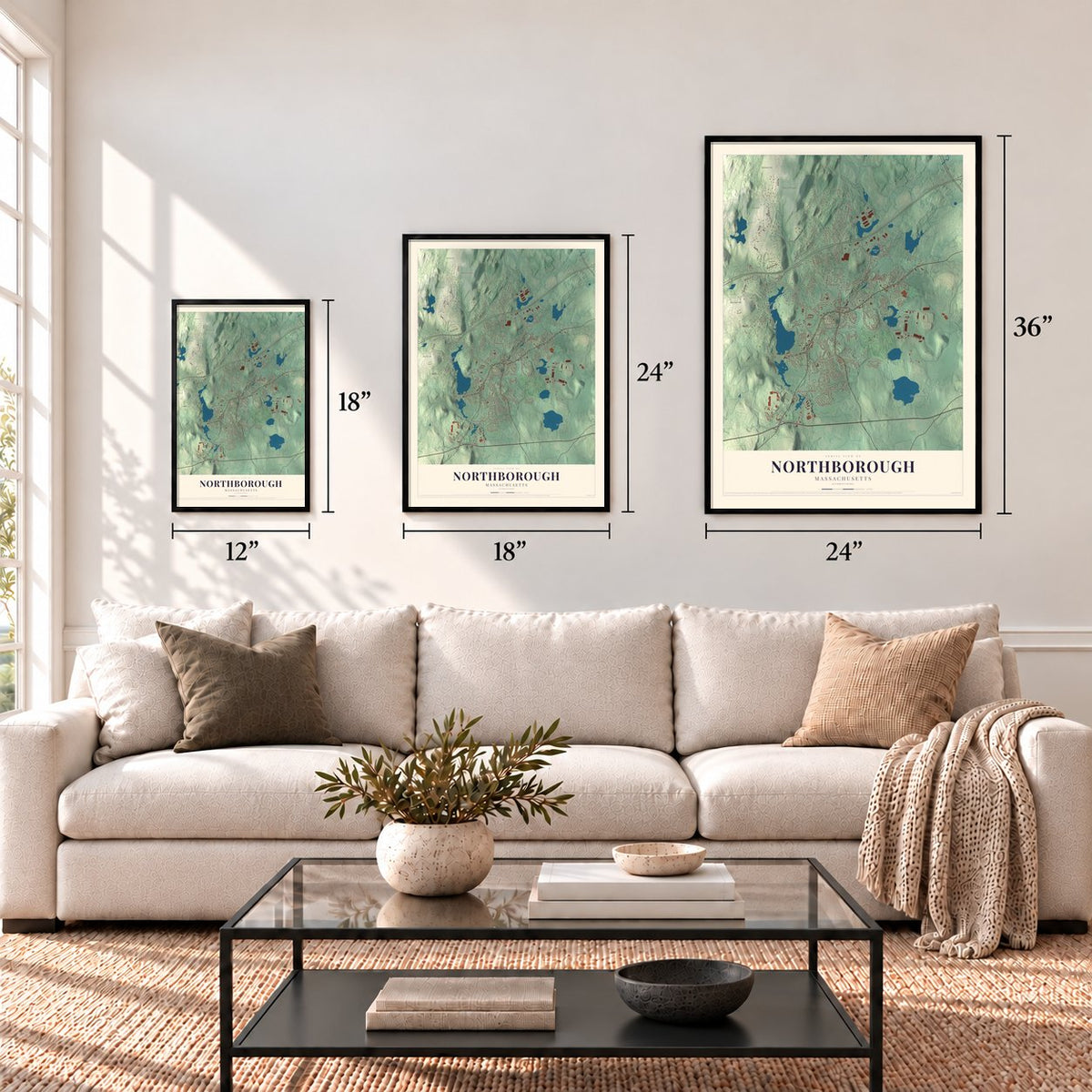 Northborough, Massachusetts map in 12 x 18, 18 x 24 and 24 x 36 inch sizes above a sofa
