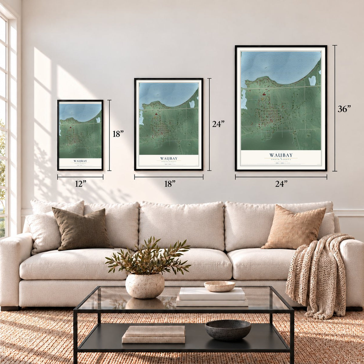 Waubay, South Dakota map in 12 x 18, 18 x 24 and 24 x 36 inch sizes above a sofa