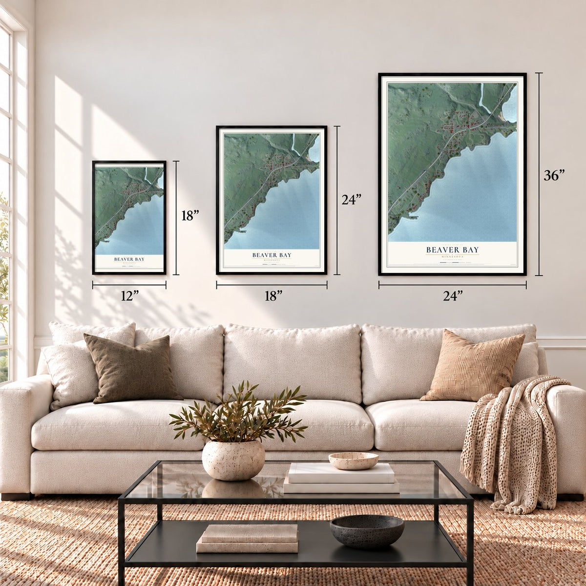 Beaver Bay, Minnesota map in 12 x 18, 18 x 24 and 24 x 36 inch sizes above a sofa