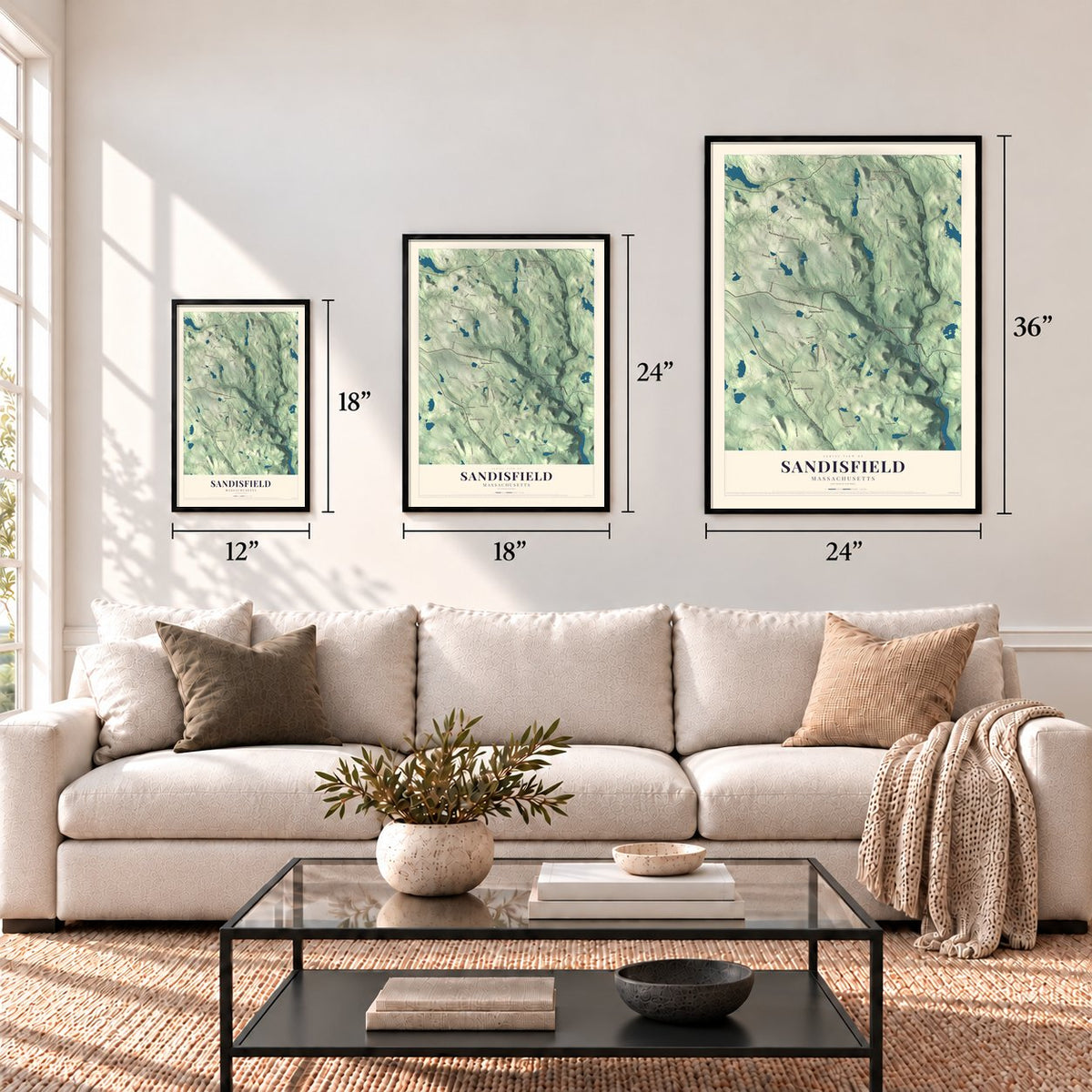 Sandisfield, Massachusetts map in 12 x 18, 18 x 24 and 24 x 36 inch sizes above a sofa